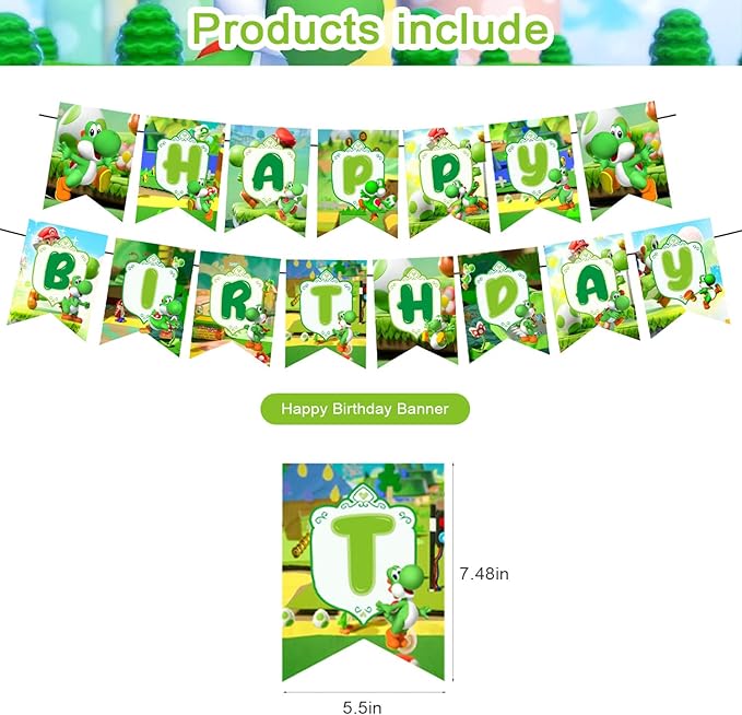 Yoshi Party Decorations,Yoshi Birthday Party Supplies Includes Banner - Cake Topper - 24 Cupcake Toppers - 18 Balloons