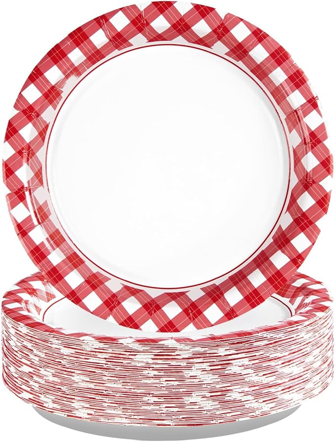 100 Pcs Red Gingham Paper Plates 7" Heavy Duty Red and White Buffalo Checked Plaid Dessert Plates Disposable Gingham Party Supplies for Summer Pizza BBQ Picnic Baby Shower Birthday Party Decorations