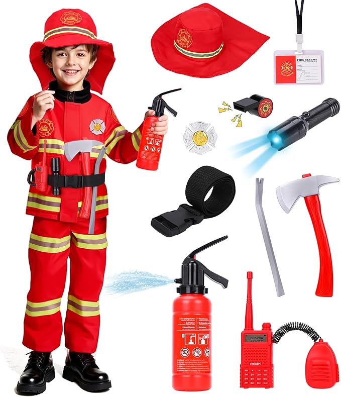 LOYO Firefighter Costume for Kids - Fireman Halloween Costumes for Toddler Boy, Dress Up Clothes for Kids 3-12 Pretend Play