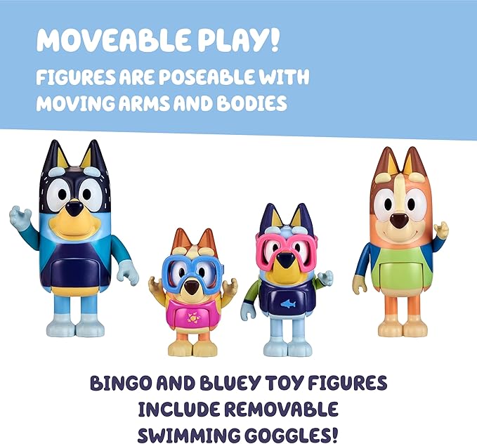 Bluey Toys 4-Pack Exclusive 2.5-3" Chilli, Bingo, Bandit Beach Figurines, Poseable Figures with Bag Outdoor Beach Toy for Kids Accessory