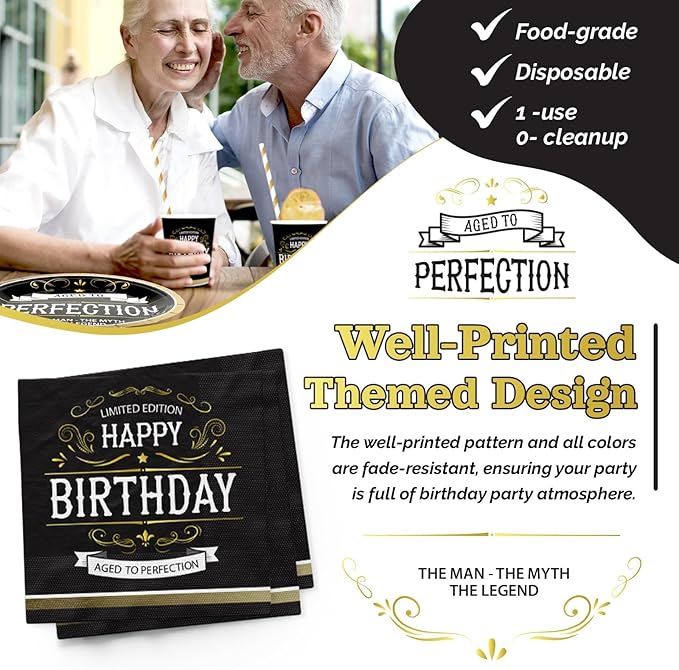 Aged to Perfection Birthday Decorations, 120Pcs Birthday Party Decorations for Men, Disposable Tableware Includes Paper Plates, Napkins, Cups and Straws | Serves 24