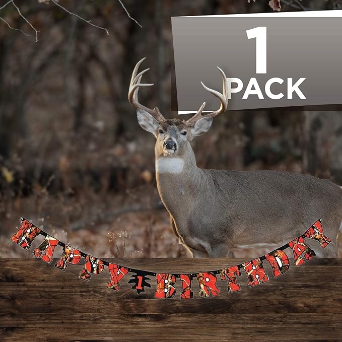 Havercamp Orange Next Camo "Happy Birthday" Party Banner | 1 Count | Great for Hunter Themed Party, Camouflage, Rustic, Nature, Military, Kids Birthday Party