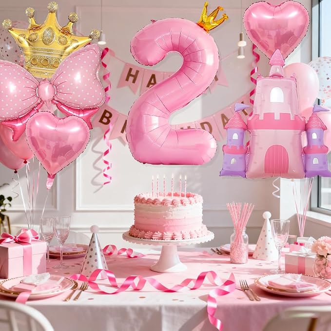 Princess Balloons for 2nd Birthday Decorations for Girl Pink Castle Balloons Large Pink Crown Number 2 Balloon for Princess Birthday Party Decorations