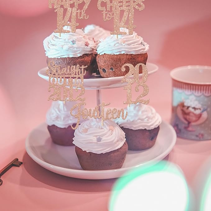 30PCS 14th Birthday Cupcake Toppers Glitter Fourteen Happy 14 Straight Outta 2012 Cupcake Picks for Cheers to 14 Years 14th Birthday Wedding Anniversary Party Decoration Supplies Rose Gold