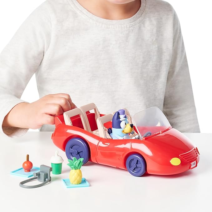 Bluey Figurine (2.5”) & Escape Convertible Vehicle Playset, Robust Toddler Toy Car with 4 Accessories and Stickers, Immersive Toys for Kids Ages 3+