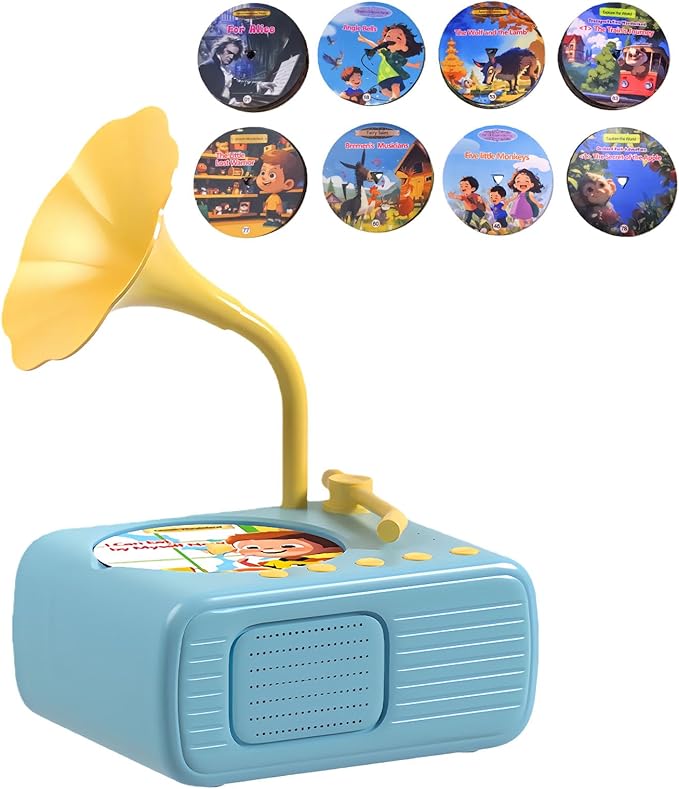 2026 New Kids Phonograph with 96 Audio Cards + 8 DIY Recordable Cards - Toddler Gramophone Record Player - Early Education Phonograph Story Machine-Bedtime Story Music Player (Blue)