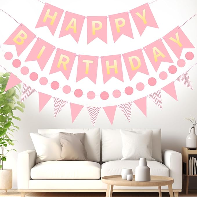 Pink Gold Happy Birthday Banner, Happy Birthday Decorations Hanging Birthday Sign Circle Dot Triangle Bunting for Women Men Girl Boy Party Supplies