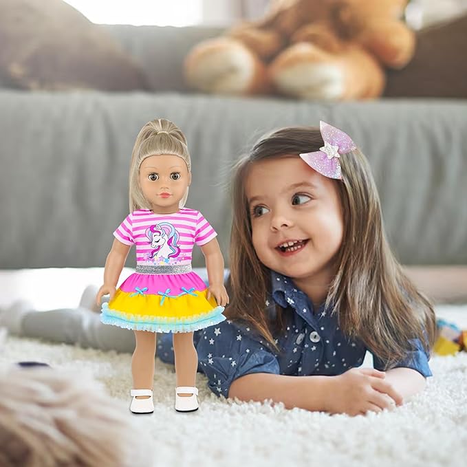 18 Inch Amercian Doll Clothes, 2 Set Girl Doll Clothes and Accessories for 18 Inch Dolls 7 Pcs Include Dress, Hair Clip , Phone, Shoes, Sticker, Top and Mini Skirt