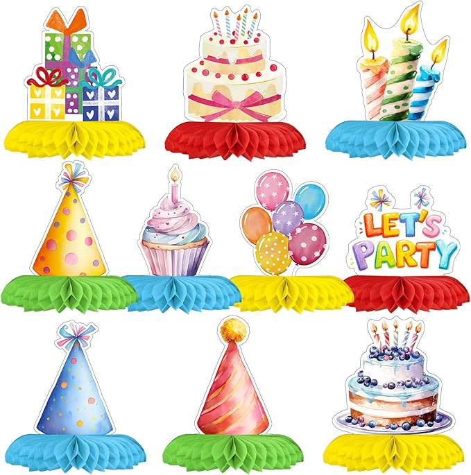 Horaldaily 10PCS Birthday Party Table Decoration Centerpieces, Colorful Cupcake Balloons Sign Honeycomb Centerpieces Table Toppers for Home Classroom School Boys Girls Baby Shower Birthday Supplies