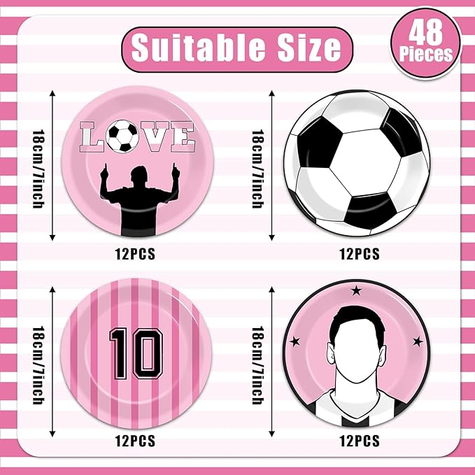 48Pcs Soccer Paper Plates Soccer Star Disposable Dessert Plates Supplies 7Inch Black and Pink Sports Ball Plate Sport Party Dinnerware Decorations for Birthday Baby Shower Party Decorations