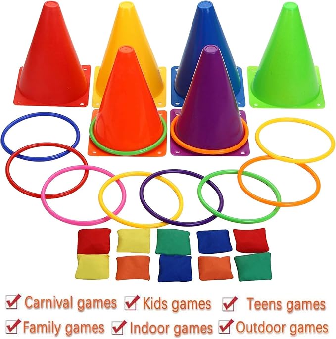 3 in 1 Carnival Outdoor Games Combo Set, Soft Plastic Cones Cornhole Bean Bags Ring Toss Games,for Kids Adults Indoor Outdoor Birthday Party Lawn Games Supplies (26 Pieces