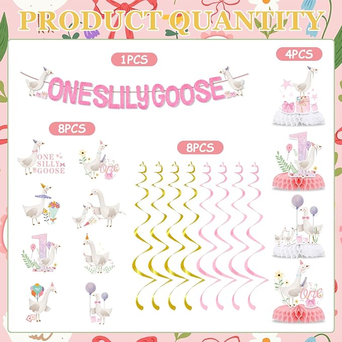 One Silly Goose Birthday Decorations Include One Silly Goose Glitter Banners Hanging Swirls Honeycomb Centerpieces Pink Silly Goose Birthday Baby Shower Theme Party Supplies for Boys Girls