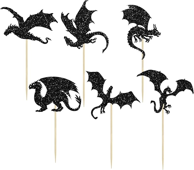 24Pcs Dragon Cupcake Toppers Glitter Dinosaur Birthday Cupcake Picks for Flying Dragon Theme Baby Shower Kids Birthday Party Cake Decorations Supplies Black