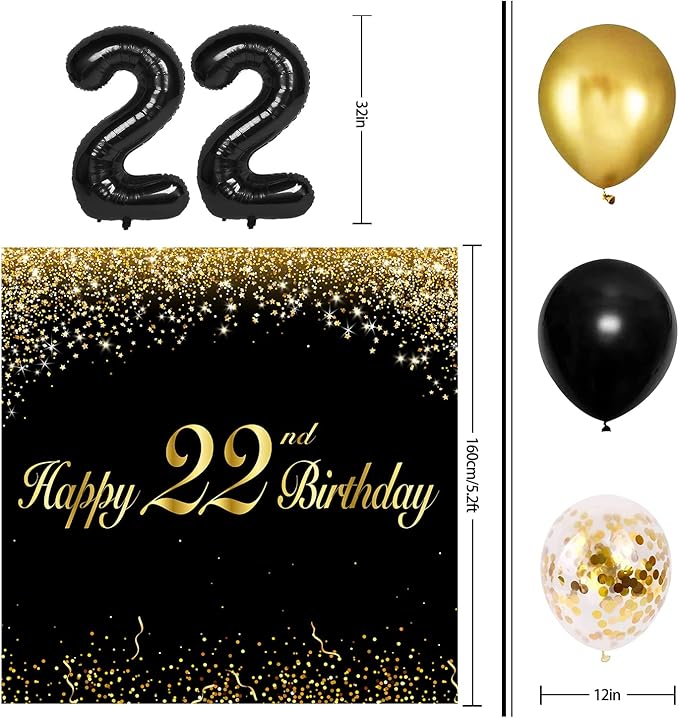Happy 22nd Birthday Balloons Black Set Decor - Cheers to 22 Years Old Party Theme Garland Banner Backdrop Decorations For Women and Men Supplies