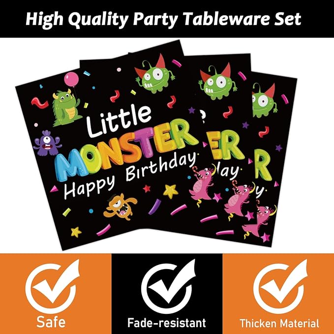 Monster Plates and Napkins Party Supplies Kit - 96 Pcs Tableware Set for Boy or Girl Birthday, Baby Shower - Serves 24