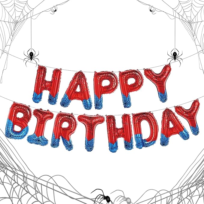 Spider Theme Happy Birthday Letter Balloons Banner, Red and Blue, Party Decoration