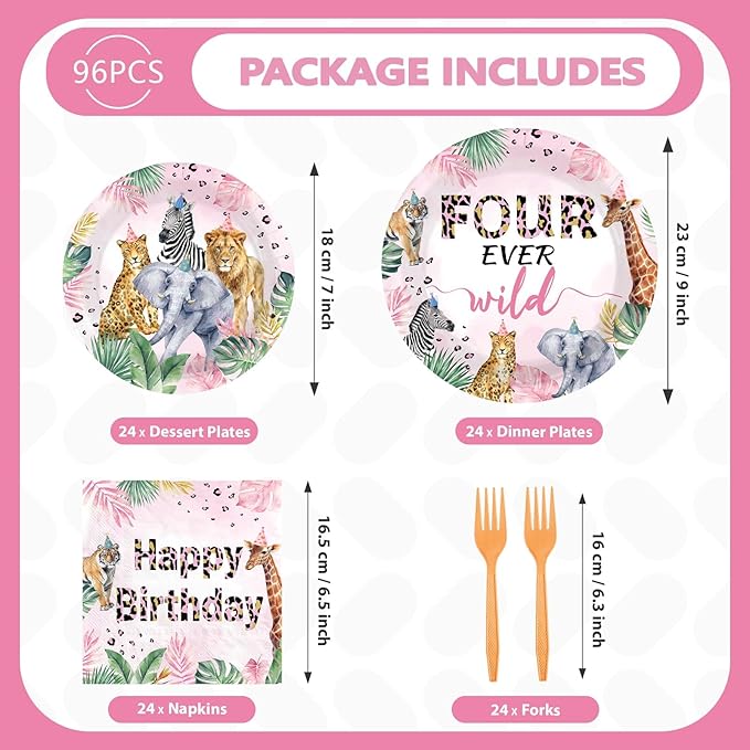 96Pcs Four Ever Wild Birthday Decorations Safari Animal Theme 4th Plates and Napkins Safari Animal Jungle Disposable Paper Tableware Set for Girls 4 Year Old Birthday Party Supplies Serves 24