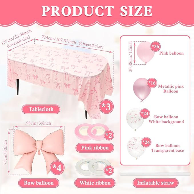 112Pcs Pink Bow Birthday Decorations Balloons Table Cloth Set for Party, 100PCS 12" Pastel Light Pink Bow Print Coquette Balloon, 4PCS 38" Giant Pink Bow Balloons, 3PCS Decor Tablecloths Girls Women
