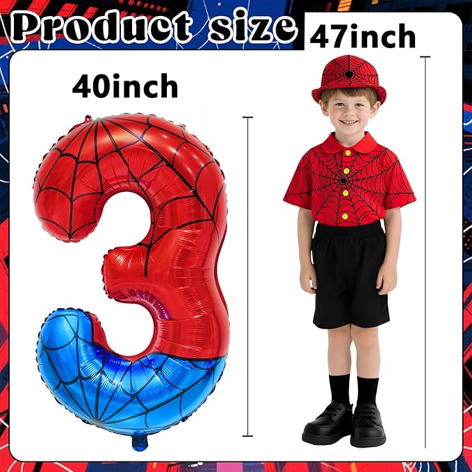 Spider Web Number 3 Balloon Birthday Decoration, Superhero Themed 40in Giant Mylar Number Party Supplies