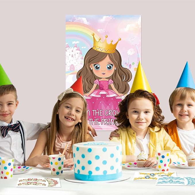 Hxezoc Pin The Crown on The Princess Party Games with 24 Pcs Crowns, Large Princess Party Games Poster for Girls Kids Birthday Party Carnival Supplies