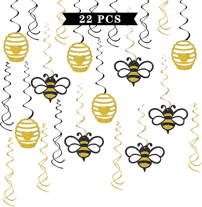 Maicaiffe Honey Bumble Bee Hanging Swirl Decorations - Glitter 22 Pcs Bee Baby Shower Party Supplies - Baby Birthday - Engagement - Wedding Streamers - Bee Theme Party Foil Swirls Ceiling Decorations