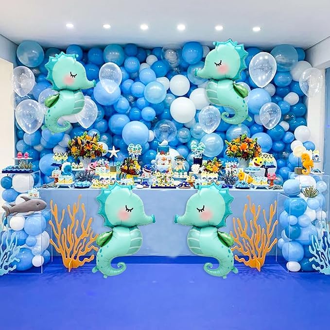 4 PCS Large Seahorse Balloon, Cartoon Under The Sea Animal Balloons Ocean Balloons for Ocean Themed Birthday Party Decorations Sea Horse Decoration