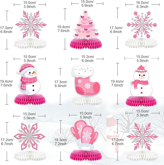 9Pcs Winter Wonderland Decorations 3D Snowflake Honeycomb Table Centerpieces for Frozen Winter Blue White Theme Christmas Baby Shower Birthday Party Supplies (Snowman Pink)