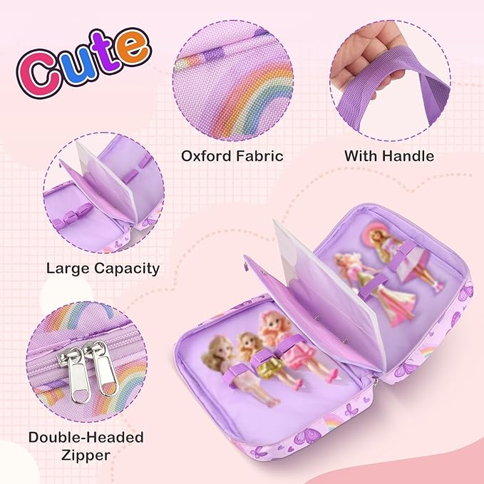 Doll Carrying Case Accessory Organizer Storage, Case to Hold Dolls and Clothes, Much Pocket for Doll’s Clothes, Accessories, Fits 6 Dolls & Accessories, Secure Straps Protect Dolls - Purple