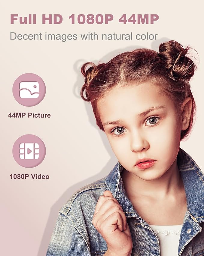 Camkory Digital Camera, FHD 1080P Camera, Compact Point and Shoot Digital Camera with 32GB Card, 16X Zoom Anti Shake Small Digital Camera for Kids Girls Boys Students, Pink
