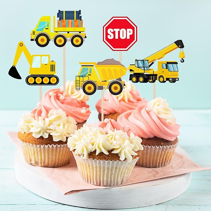 24 PCS Construction Cupcake Toppers Stop Sign Dump Truck Excavator Tractor Party Cake Food Picks Decorations for Construction Theme Baby Shower Kids Birthday Party Supplies