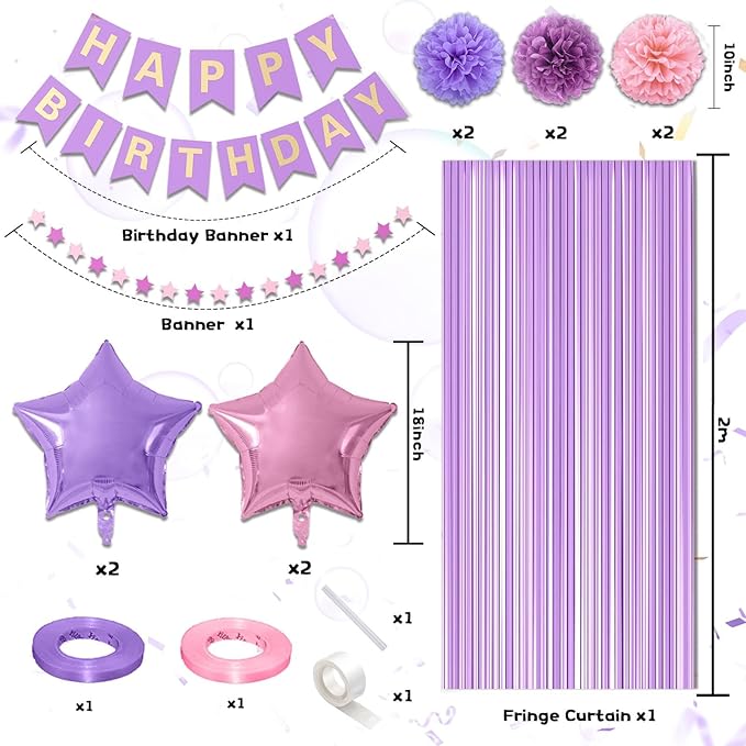 Purple Pink Birthday Decorations,Princess Party Decorations for Women Girls with Pink Purple Balloons Happy Birthday Banner Fringe Curtain Tissue Pompoms Star Garland