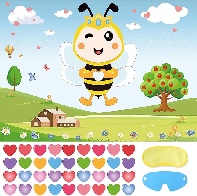 Hooqict Valentines Games for Kids Party Pin The Heart on The Bee Valentines Day Party Games Activities Galentines Day Decorations, Large Pin The Tail Poster with 36 Stickers