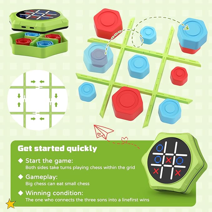 Tic Tac Toe Bolt Game,5-in-1 Handheld Puzzle Games Console,Electronic Tic Tac Toe Game for Educational&Memory,Portable Travel Games for Car Ride with Silent Mode,Toys Gift Idea for Kids & Family-Green
