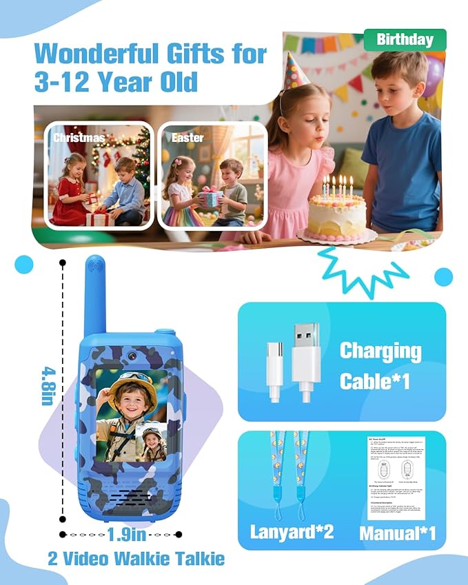 Video Walkie Talkies for Kids with Voice Changer, 2 Pack Rechargeable Kids Walkie Talkies, Outdoor Play Toys Birthday Gifts for 3-12 Year Old Boys Girls, Camping Hiking Family Games