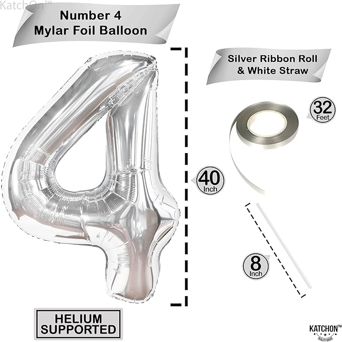 KatchOn, Big Silver Number 4 Balloons - 40 Inch | Silver 4 Balloon Number, 4 Year Old Birthday Decorations | Silver Number Balloons | 4 Number Balloons