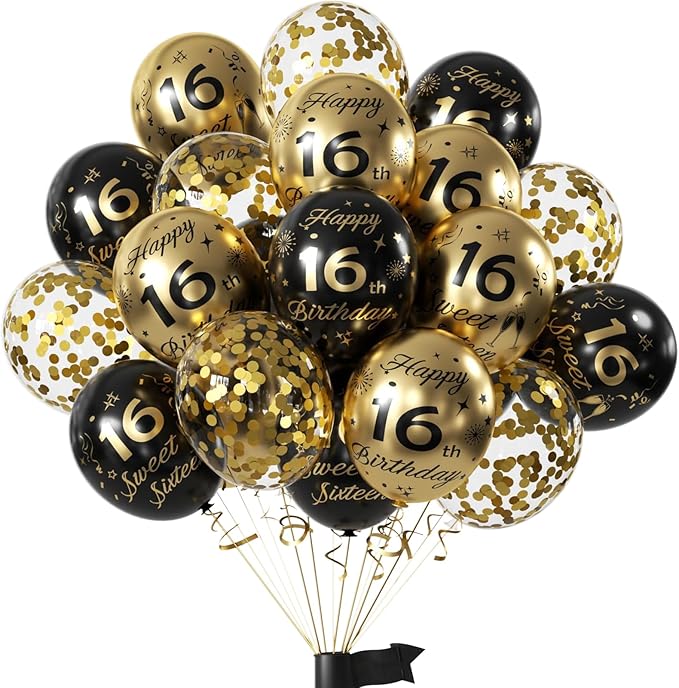 Black Gold 16th Birthday Balloons Pack of 15 Boys Girls Happy 16th Birthday Party Deocorations Supplies Boys Girls Sweet 16th Birthday Ballloons Latex Confetti Balloons 12inch & Ribbon