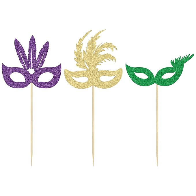 Gyufise 24 Pack Masquerade Masks Cupcake Toppers Multicolor Glitter Bachelorette Mask Cupcake Topper Mask Cake Picks Decorations for Masquerade Mardi Gras Party Baby Shower Birthday Party Supplies