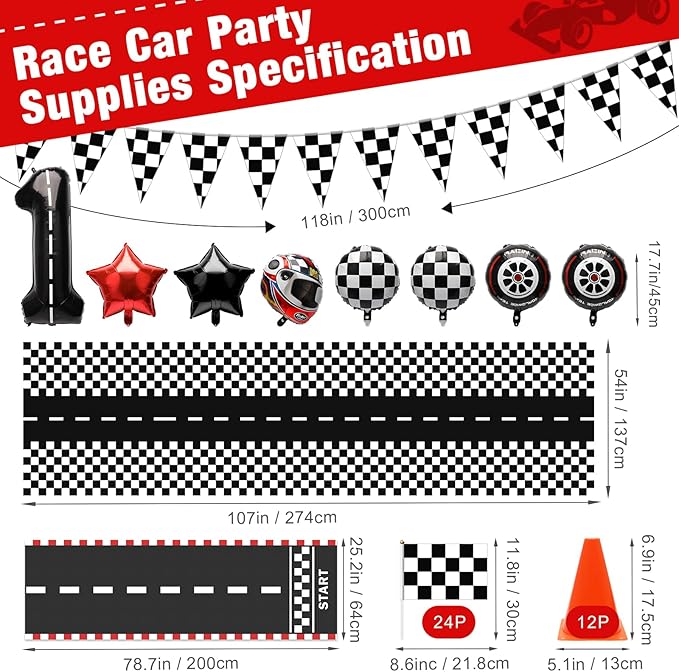 Windspeed Traffic Cones And Racing Checkered Flags, Race Car Party Decorations Include 24P Hand Held Checkered Flag 12P Mini Traffic Cones, Racetrack Floor Running, Hanging Racing Flags, Balloons, Tablecloth