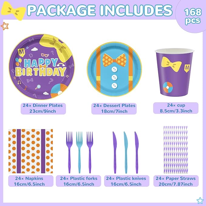 168PCS English Teacher Party Supplies for Boys Girls Purple Cartoon Teacher Themed First Birthday Party Decorations with Paper Plates Cups Tableware Set for 24 Guests