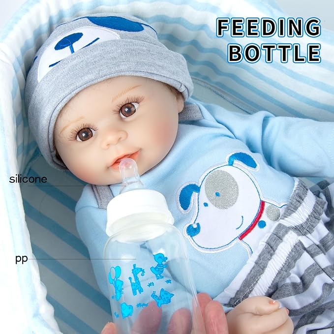 9 Pieces Reborn Baby Doll Clothes Blue Dog Doll Accessories Set for 17-22 Inch Reborn Baby Doll Clothing Gift Sets (Basket+ Blanket)