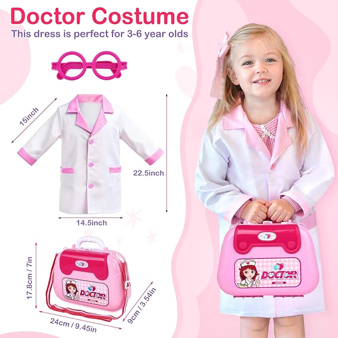 Doctor Costume for Kids - Dr Medical Pretend Play Toys Set for Girls - Doctors Kit for Toddlers 3-5 - Nurse Sets for Girl 22Pcs - Doctors Playset for Toddler Ages 3 4 5 6 Year Old