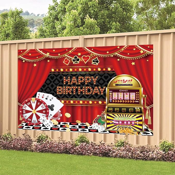 Casino Happy Birthday Backdrop Decorations Banner Luxurious Las Vegas Casino Night Photo Background for Home Indoor Outdoor Birthday Party Decorations Supplies 70.8 x 47.2 Inch
