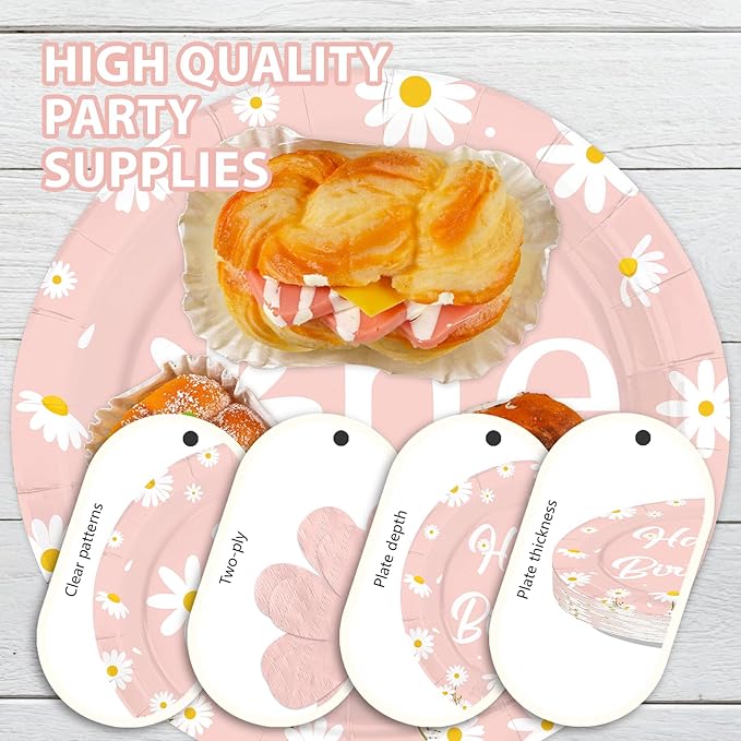 168Pcs Daisy 1st Birthday Party Decoration Isn't She Onederful Birthday Plates Napkins Cups Forks Knives Spoons Pink Daisy Flower Paper Tableware for Girls Groovy One Year Old Party Supplies Serves 24