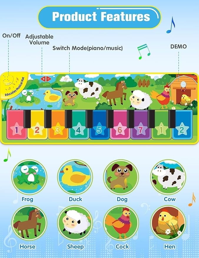 Baby Musical Learning Toys , Floor Piano Playmat for Toddlers with Animal Flash Cards Music Sound for Early Education Touch Keyboard Blanket Birthday for Baby Boys Girls