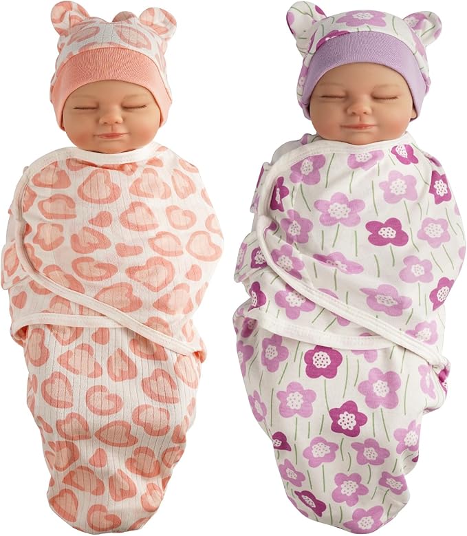 BABESIDE 2 Sets of Reborn Baby Doll Blankets with Hats for 17-24 Inch Babydolls, Reborn Baby Doll Accessories Set Babydolls Swaddle Blankets for Realistic Dolls Girl, Pink & Purple