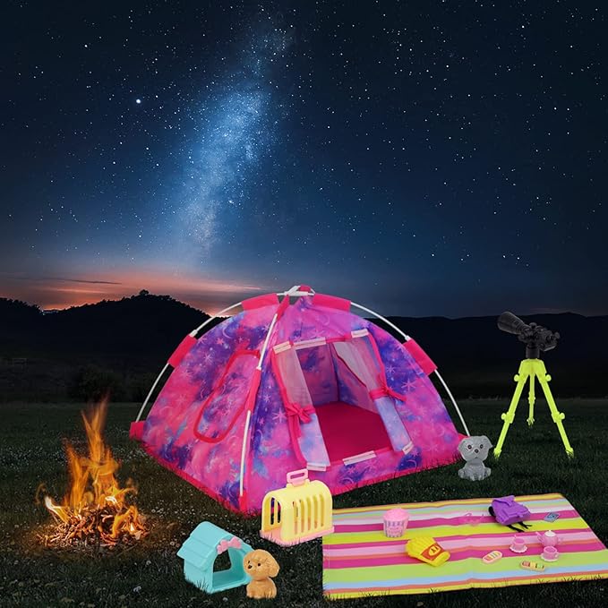 K.T. Fancy 18 PCS Girl Doll Travel Camping Tent Set and Accessories for 11.5 Inch Includes Tent, Clothes, Backpack, Toy Dog, Placemat, Toy Phone, Glasses (Doll NOT Included)