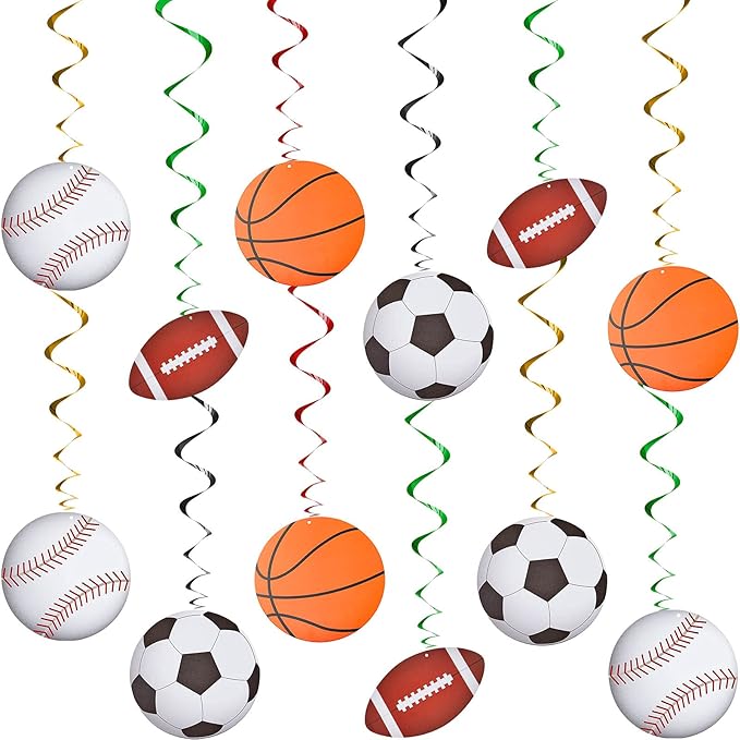 48 Pieces Sports Hanging Swirl Decorations Baseball Basketball Football Soccer Hanging Whirls Ceiling Streamers Colorful Swirls Streamers for Birthday Sport Party Supplies
