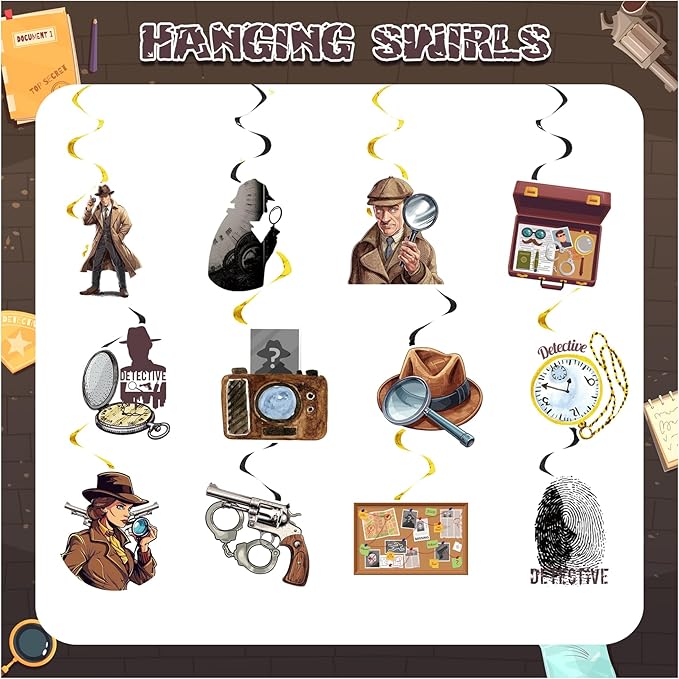 24 PCS Detective Hanging Swirl Decorations Detective Ceiling Streamers Hanging Decorations Detective Party Decorations for Detective Birthday Party Supplies