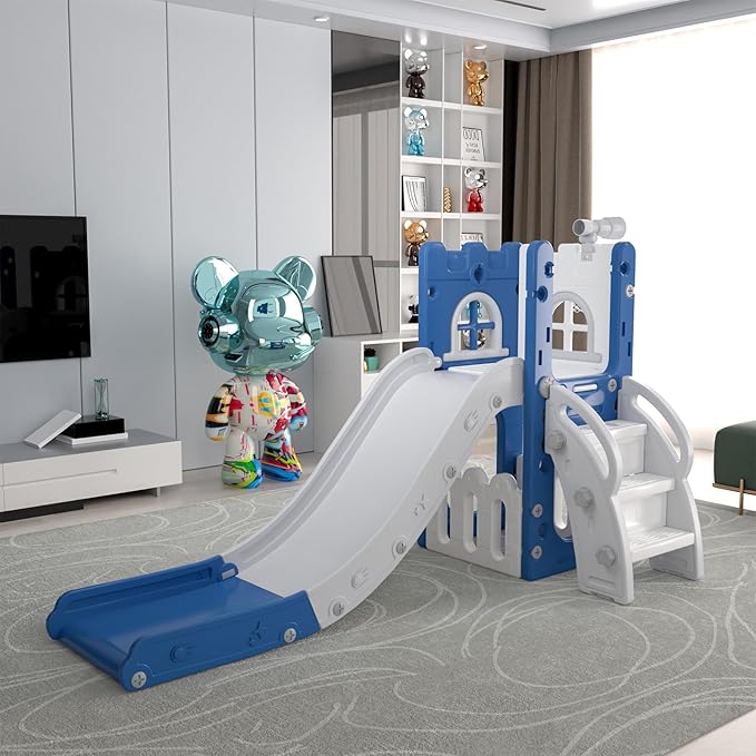 MOCUTEEN 6 in 1 Toddler Slide,Baby Playset for Indoor Outdoor Playground with Basketball Hoop,Storage and Telescope,Climbing Toys for Toddler Playground Playset