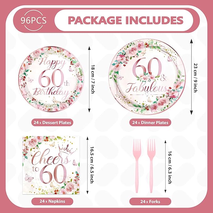 96Pcs 60th Birthday Decorations for Women Floral 60th Birthday Party Plates and Napkins Disposable Rose Gold 60 Fabulous Tableware Sets for Women 60 Years Old Party Supplies Serves 24